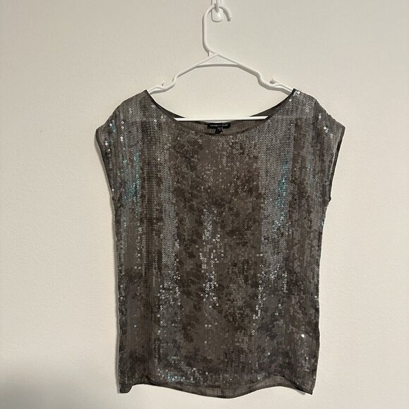 Eileen Fisher Women's Rye Clear Sequins Shimmer Short Sleeve Top XS Gray Silver - Picture 1 of 7